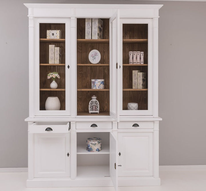 Bibliothèque en pin massif style Directoire avec porte vitrée et porte basse ouvertes et tiroir central ouvert