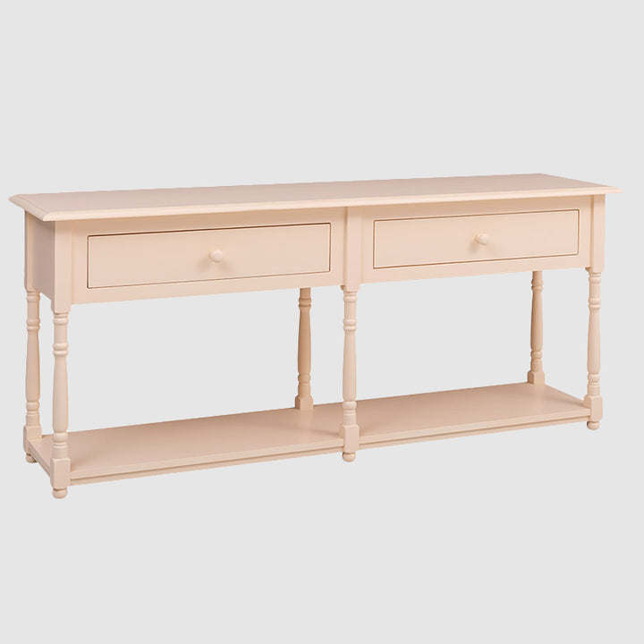 Console en pin massif avec 2 tiroirs, largeur 180 cm.