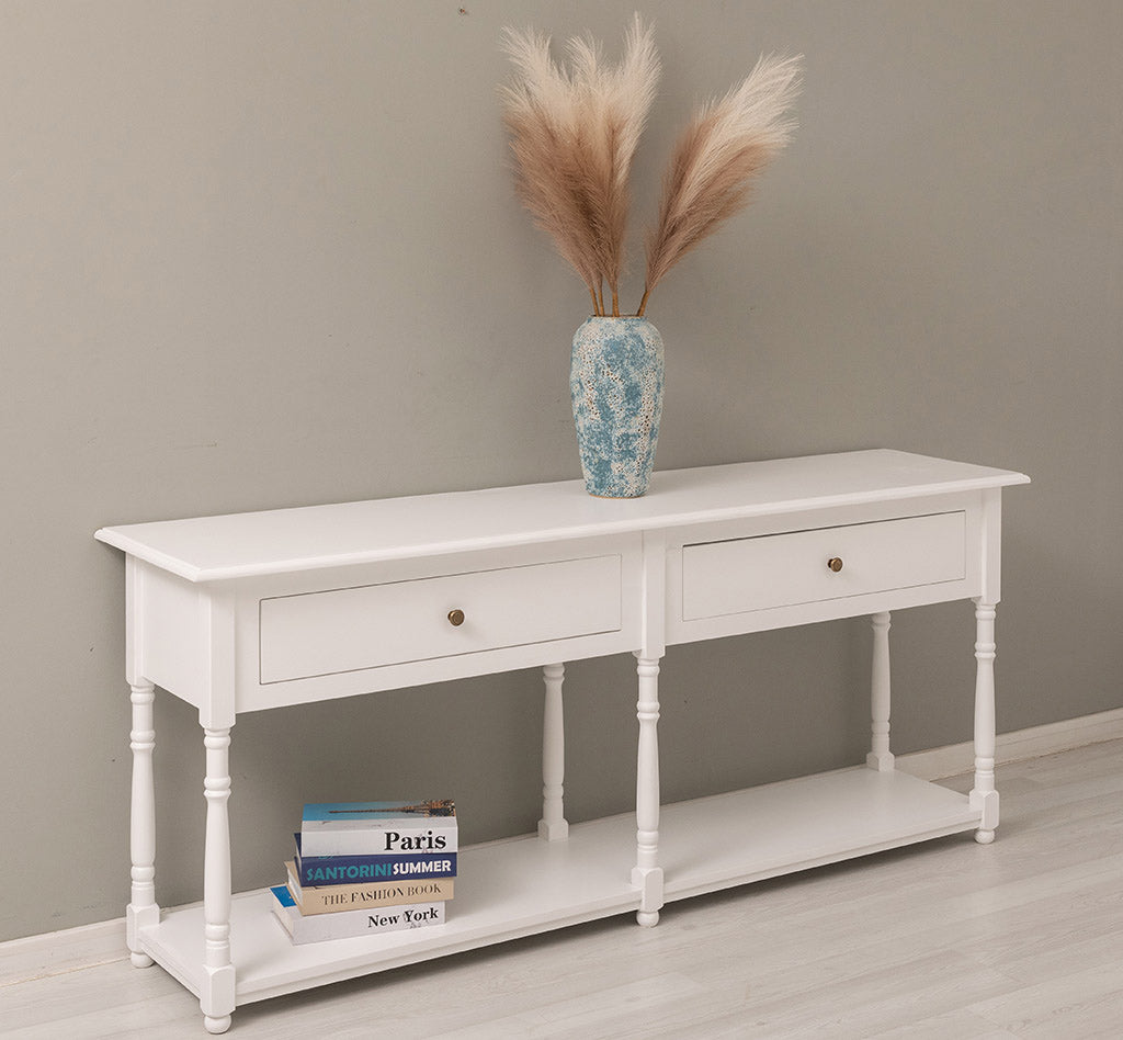 Console en pin massif avec tiroir ouvert.