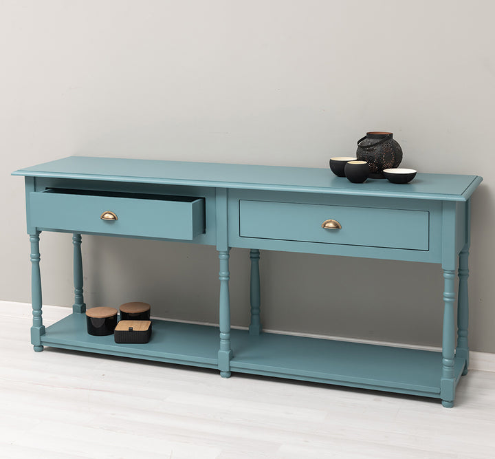 Détail pieds tournés console en pin massif.