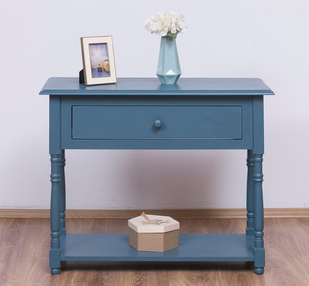 Console en pin massif avec tiroir et étagère inférieure.