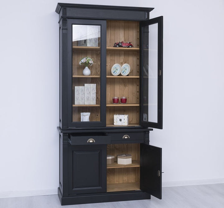 Bibliothèque en pin massif style Directoire noire avec porte vitrée droite et porte basse droite ouvertes