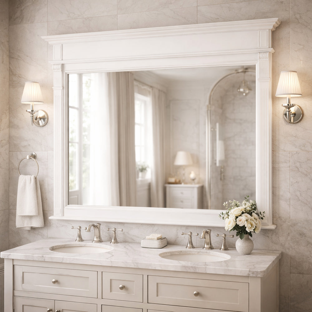 Miroir salle de bain en pin massif style classique au-dessus d'un meuble double vasque — décor élégant en marbre blanc avec appliques murales argentées