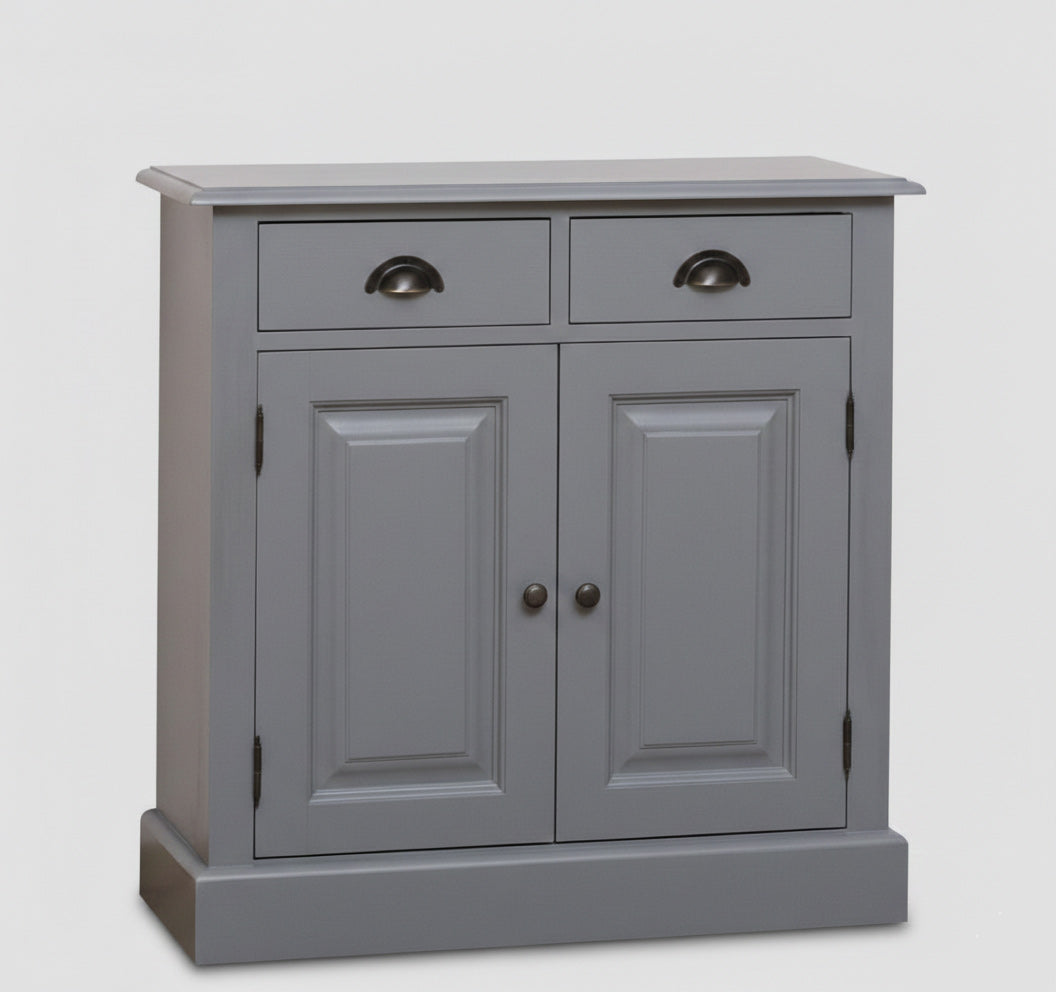 Meuble de rangement en pin massif avec 2 tiroirs et 2 portes, largeur 85 cm.