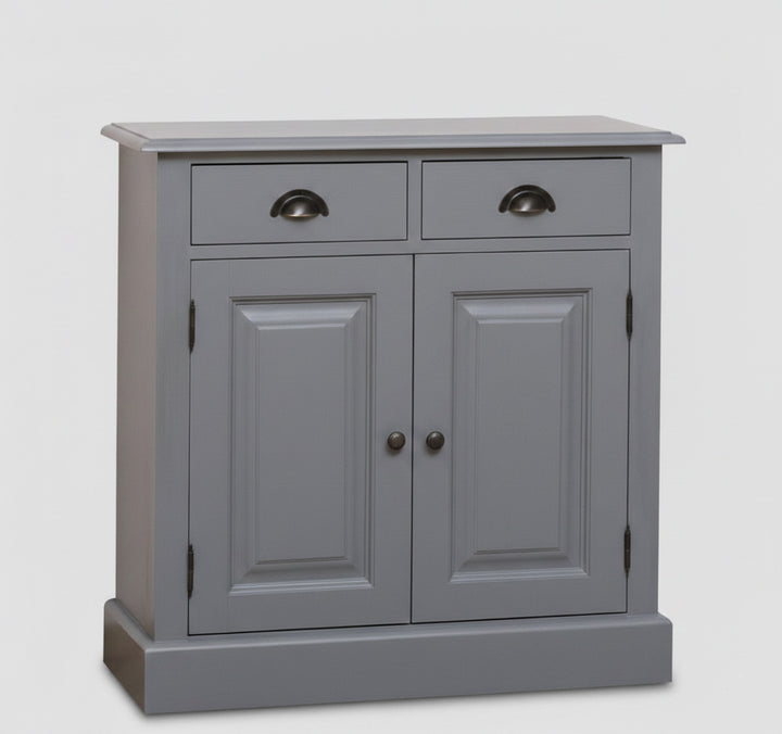 Meuble de rangement en pin massif avec 2 tiroirs et 2 portes, largeur 85 cm.