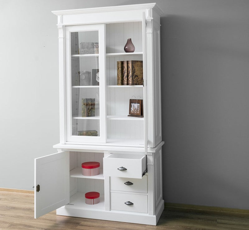 Vitrine en pin massif style Directoire avec portes vitrées et tiroirs bas