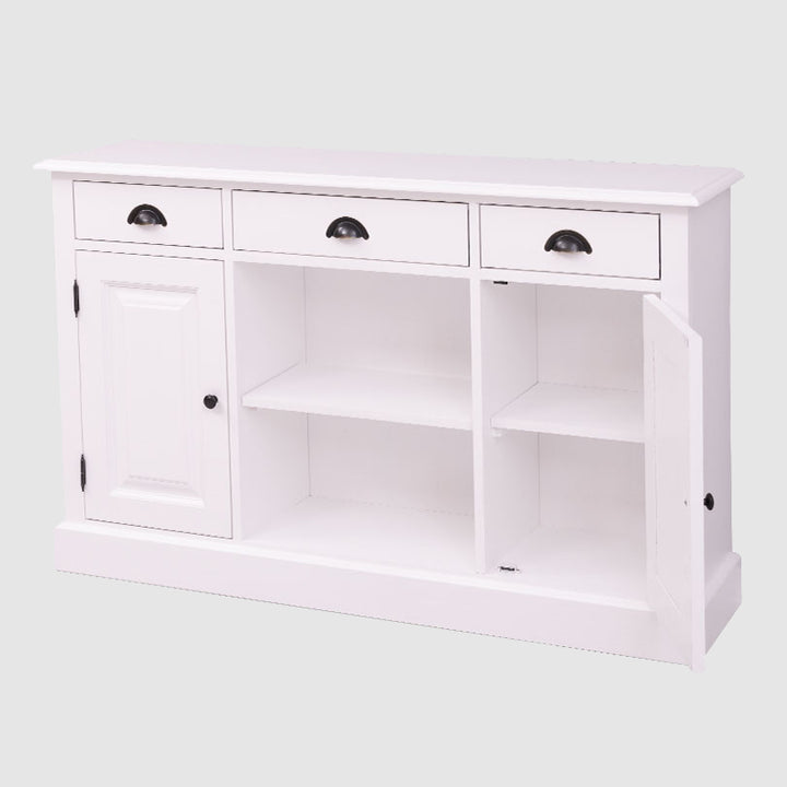 Buffet en pin massif avec 2 portes, 3 tiroirs et niche ouverte.