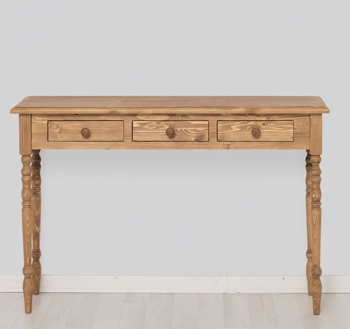 Console en pin massif avec 3 tiroirs, largeur 120 cm.