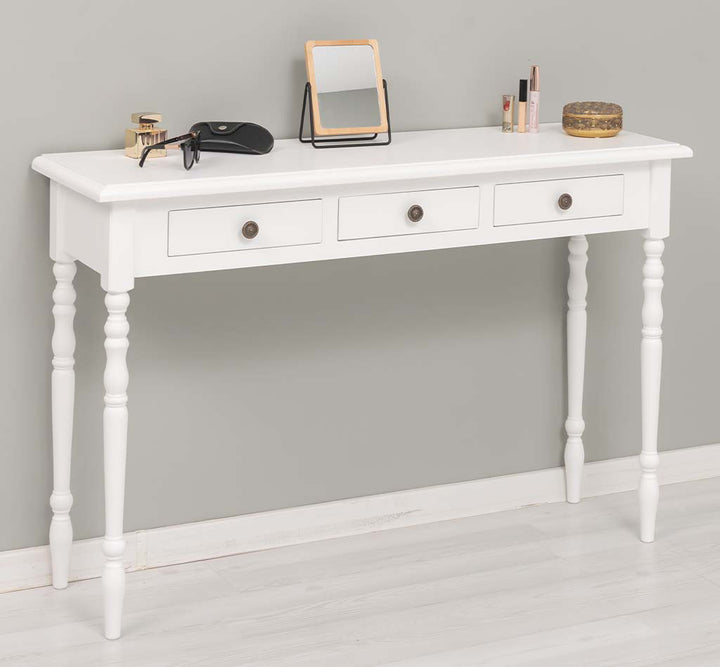 Console en pin massif avec 3 tiroirs et pieds tournés.