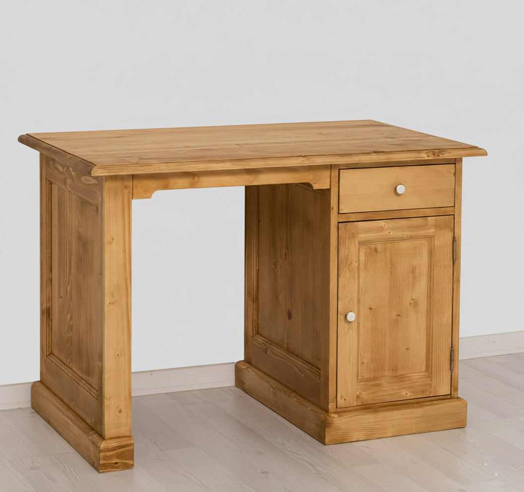 Bureau en pin massif avec 1 tiroir et 1 porte, largeur 110 cm.