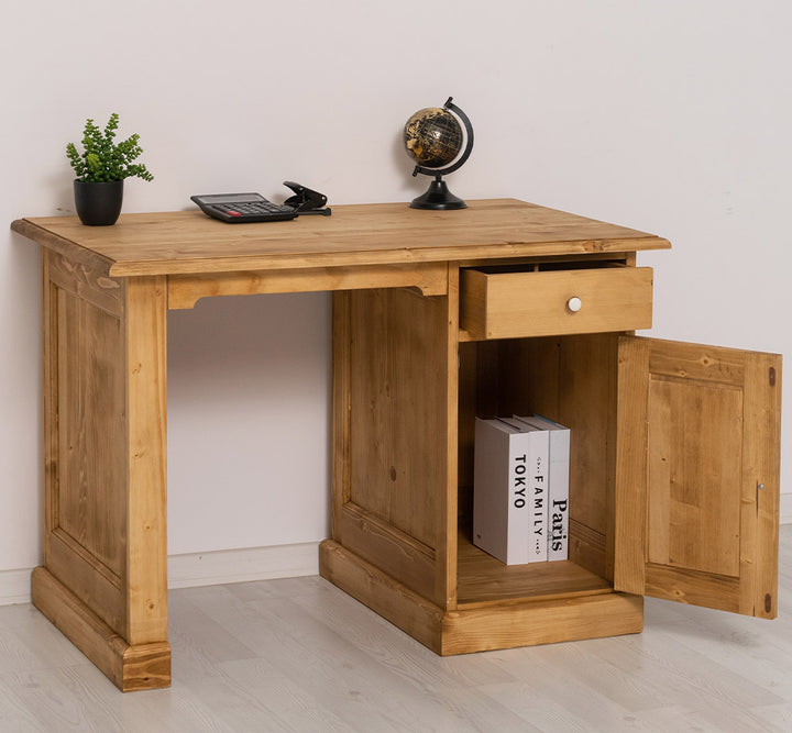 Bureau en pin massif avec caisson et porte.