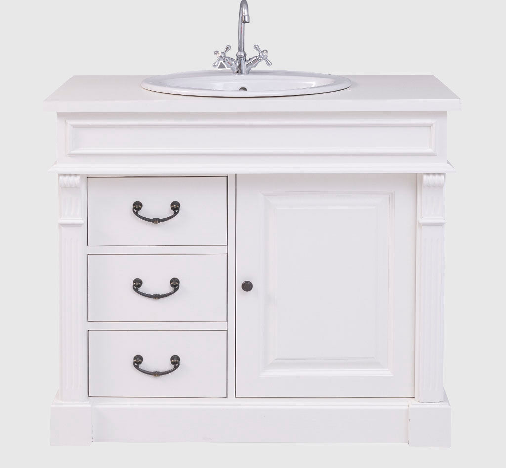 Meuble sous-vasque en pin massif style Directoire — 3 tiroirs et 1 porte, finition blanche, vue de face