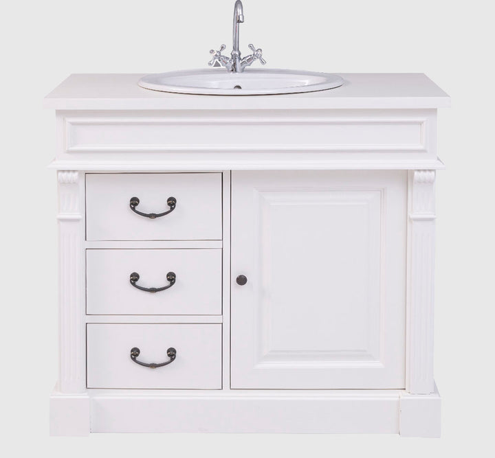 Meuble sous-vasque en pin massif style Directoire — 3 tiroirs et 1 porte, finition blanche, vue de face