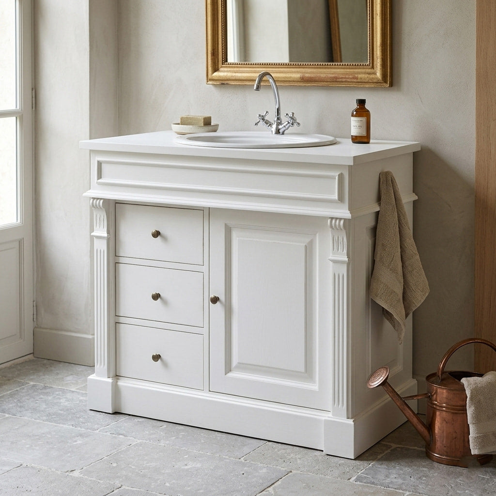 Meuble sous-vasque en pin massif blanc style Directoire dans une salle de bain de caractère avec miroir doré