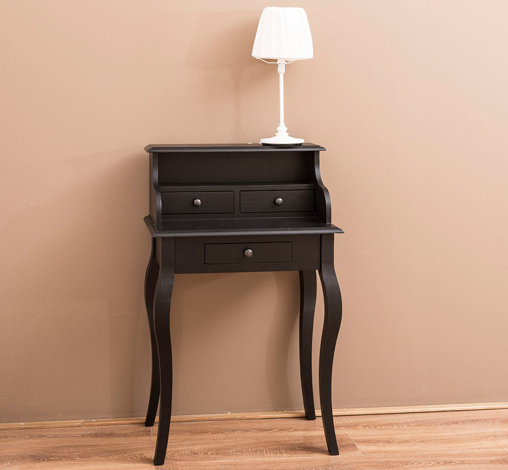 Bureau en pin massif avec 3 tiroirs et niche ouverte, largeur 65 cm, finition noire.
