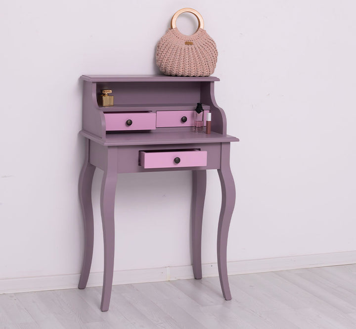 Bureau en pin massif avec 3 tiroirs et niche ouverte, largeur 65 cm, finition rose.
