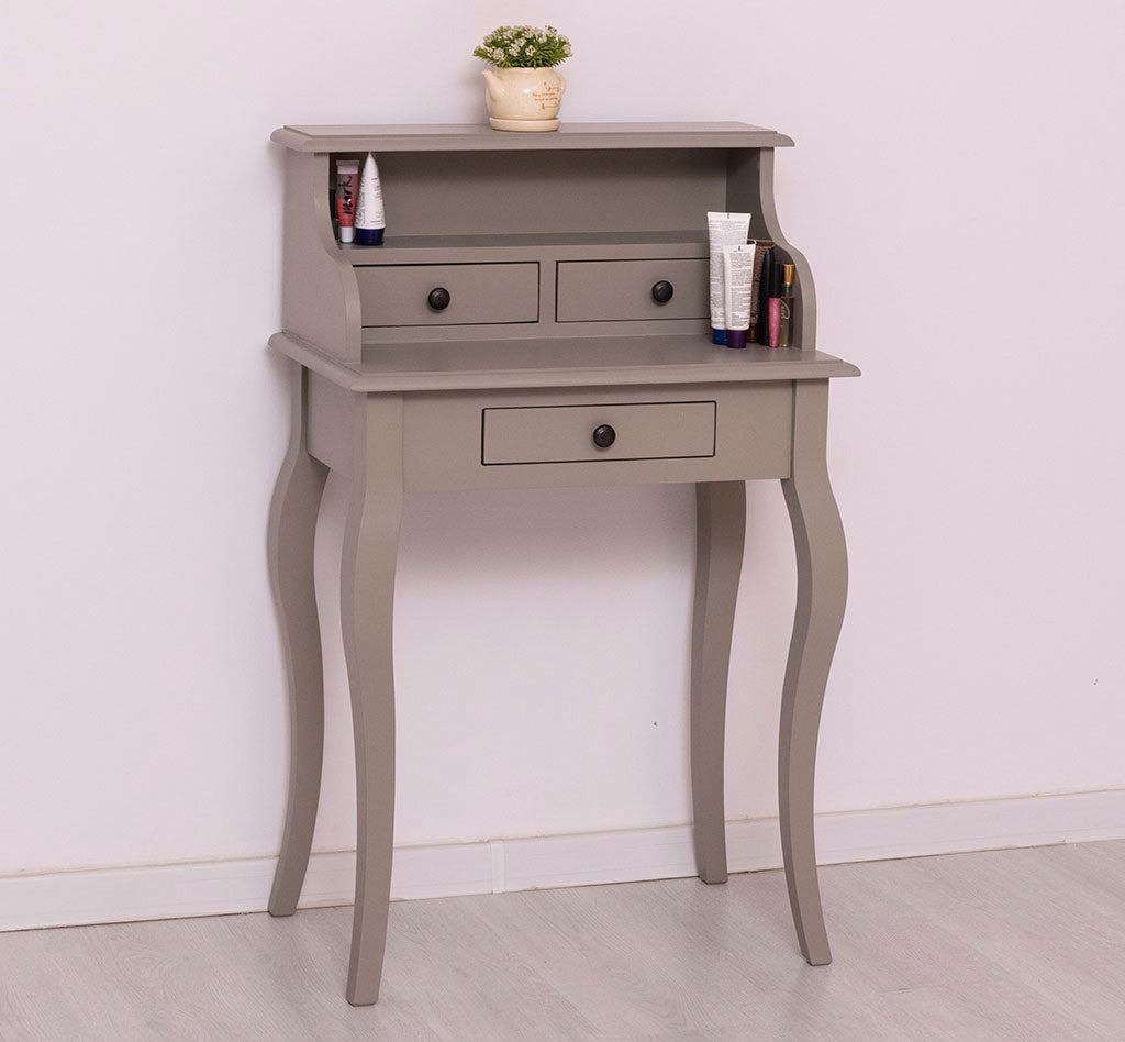Bureau en pin massif avec 3 tiroirs et niche ouverte, largeur 65 cm, finition taupe.
