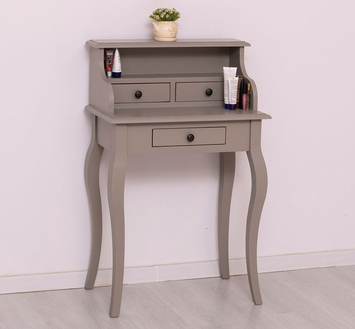 Bureau en pin massif avec 3 tiroirs et niche ouverte, largeur 65 cm, finition taupe.
