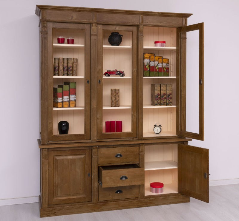 Vitrine en pin massif style Directoire avec portes vitrées et rangements bas, portes ouvertes