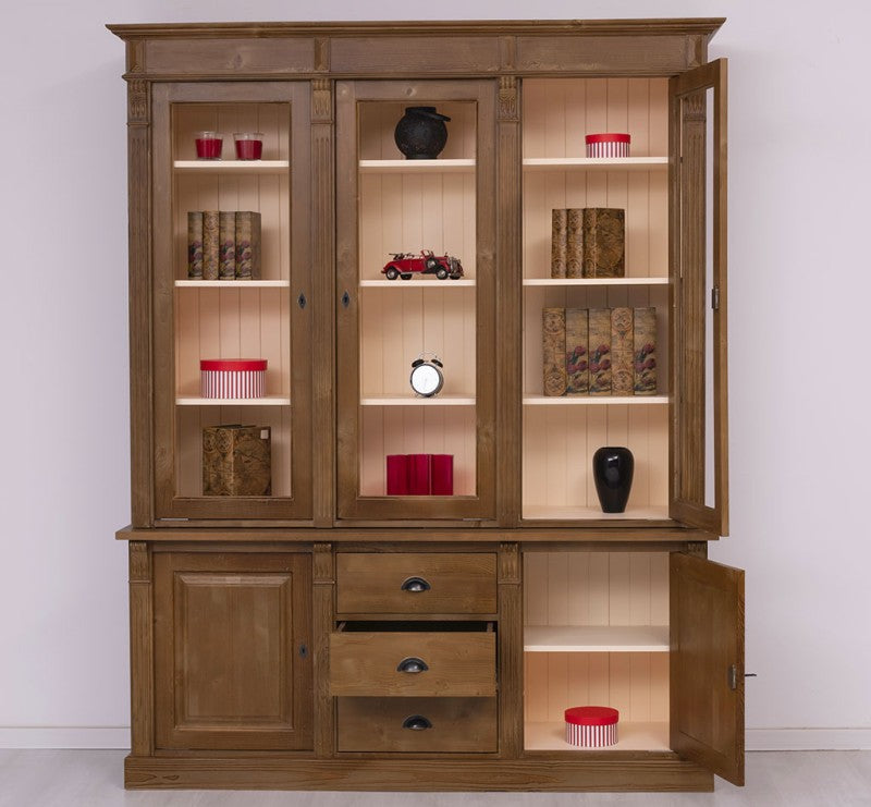 Vitrine en pin massif style Directoire avec portes vitrées et rangements bas, rangements ouverts