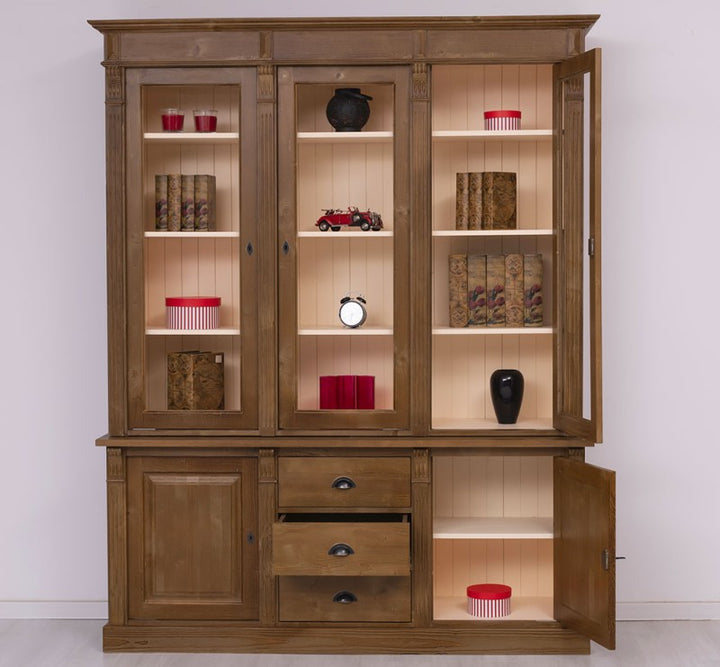 Vitrine en pin massif style Directoire avec portes vitrées et rangements bas, rangements ouverts