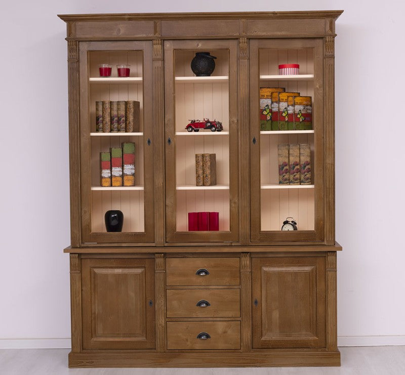 Vitrine en pin massif style Directoire avec portes vitrées et tiroirs, vue de face
