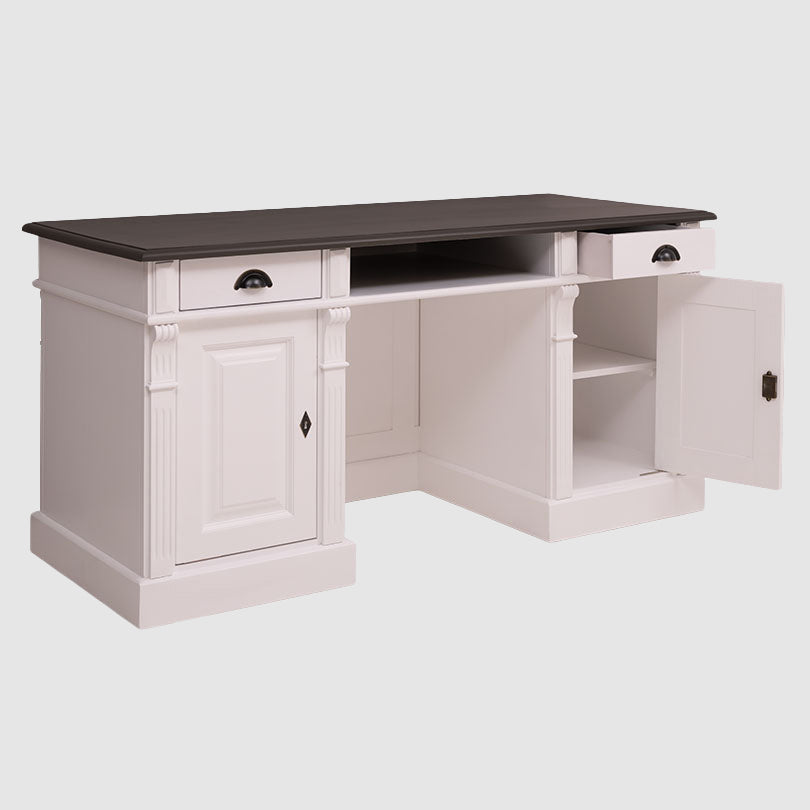 Bureau en pin massif avec 2 tiroirs, 2 portes et niche centrale.