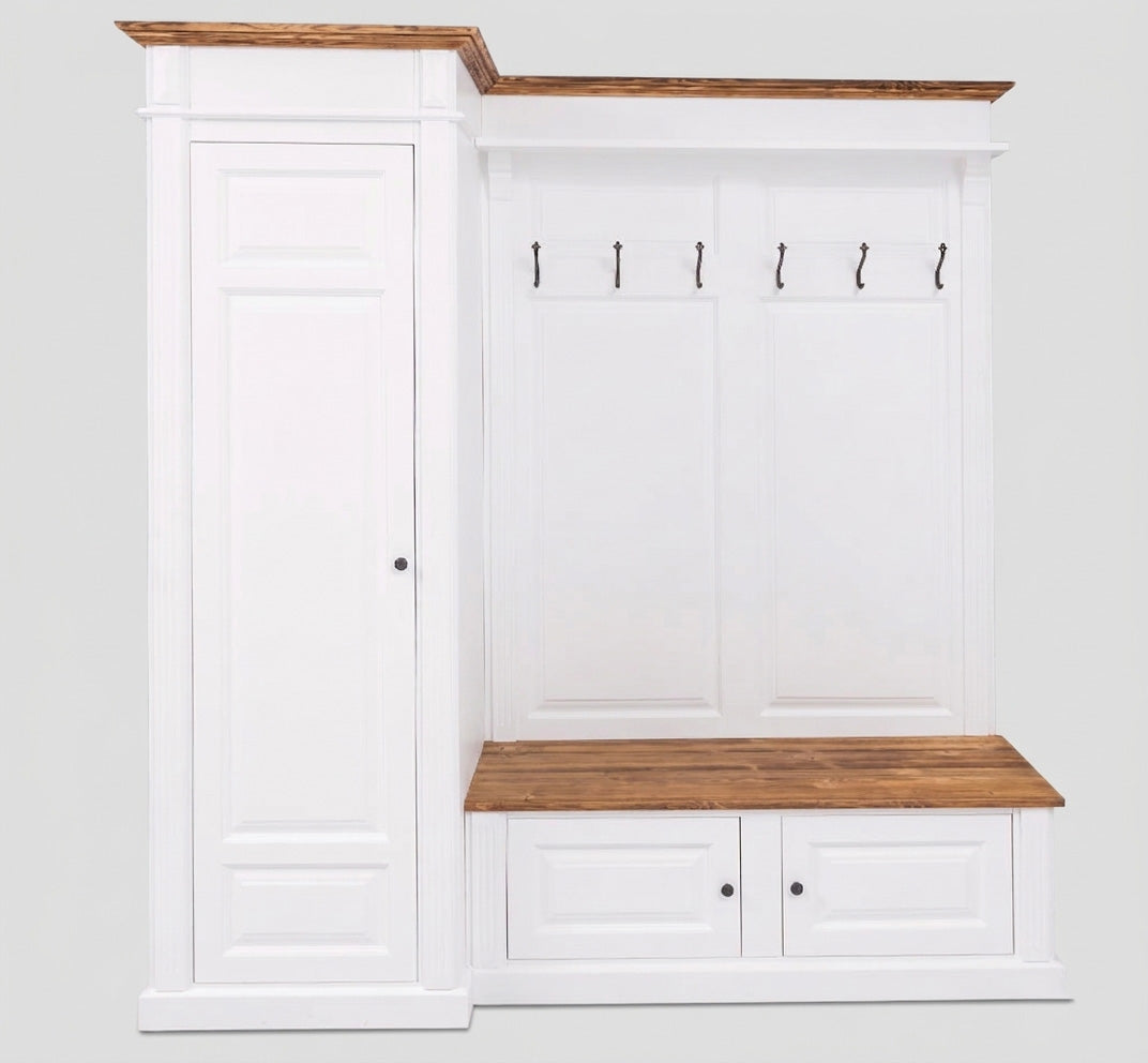 Meuble d’entrée blanc en pin massif avec banc coffre et penderie intégrée style traditionnel