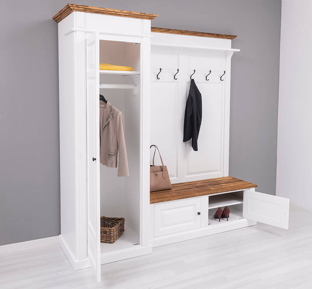 Meuble d’entrée avec armoire penderie et rangement chaussures portes ouvertes en pin massif
