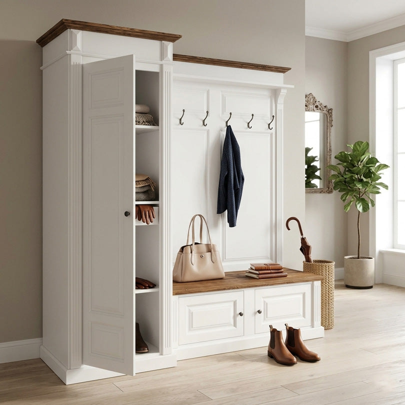 Meuble d’entrée blanc avec banc bois et penderie dans intérieur chaleureux style campagne chic