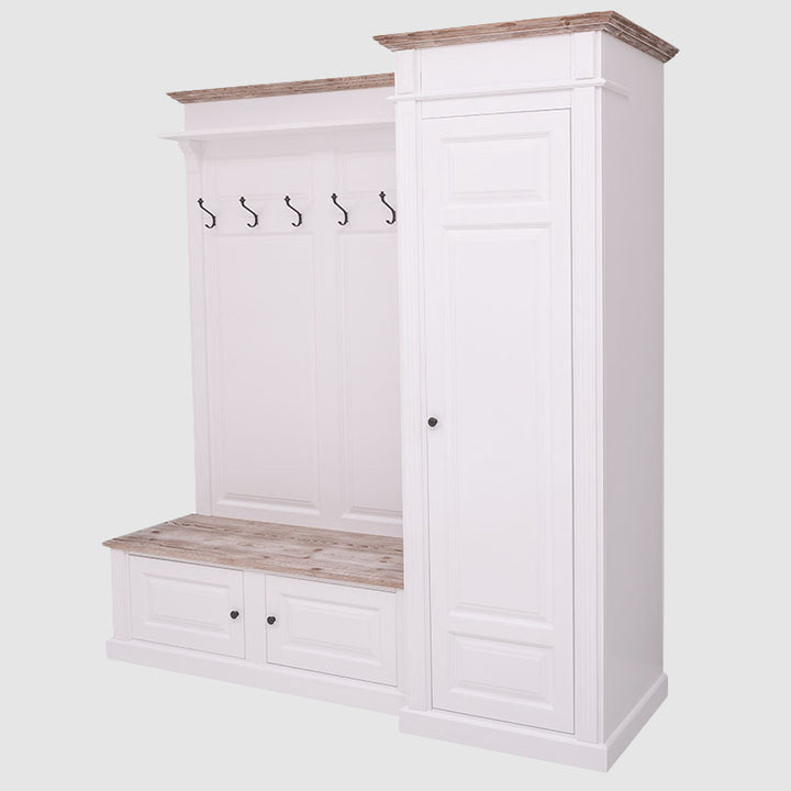 Meuble d’entrée blanc style traditionnel avec banc en bois vieilli et penderie intégrée
