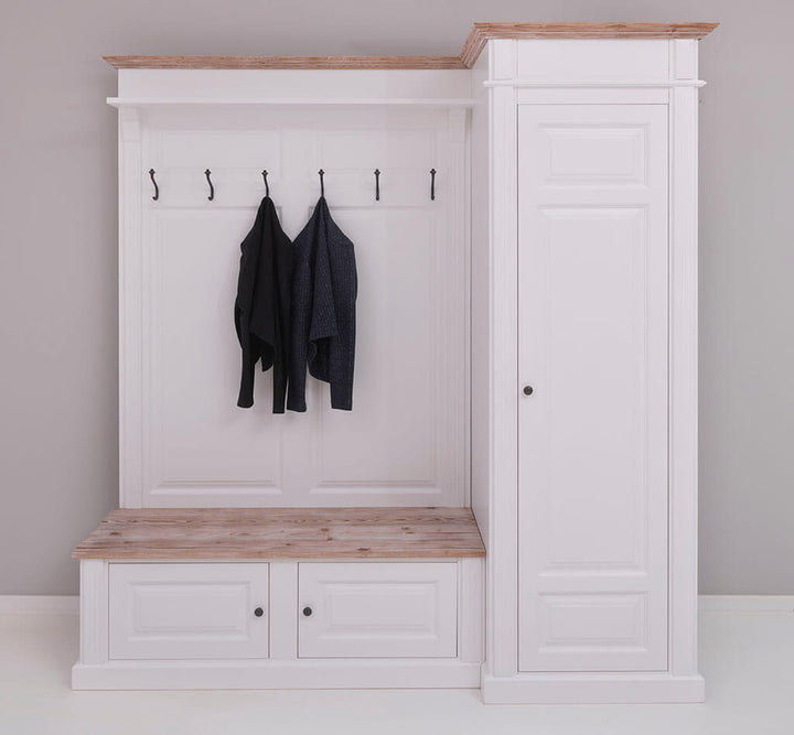Meuble d’entrée avec porte-manteaux en fer forgé et banc coffre en bois massif blanc