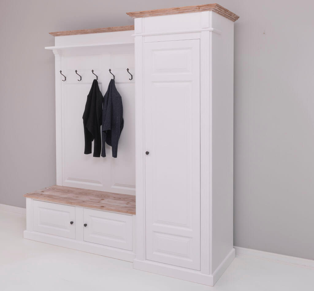 Meuble d’entrée avec armoire penderie latérale et assise bois style campagne chic
