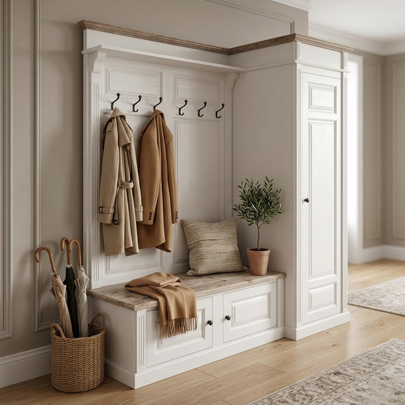 Meuble d’entrée blanc style campagne avec banc, coussins et porte-manteaux dans intérieur chaleureux
