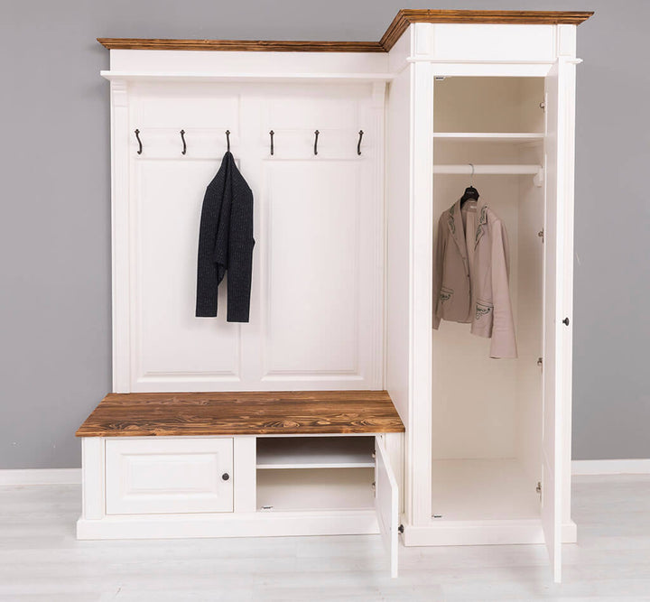 Meuble d’entrée avec penderie ouverte et banc en bois foncé rangement chaussures intégré