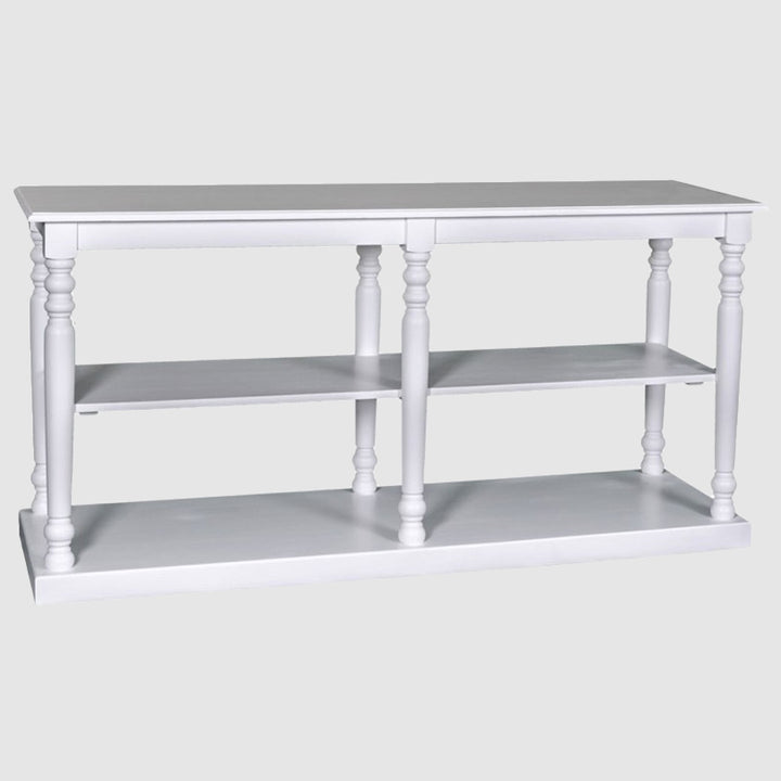 Console en pin massif avec étagère fixe, largeur 180 cm.