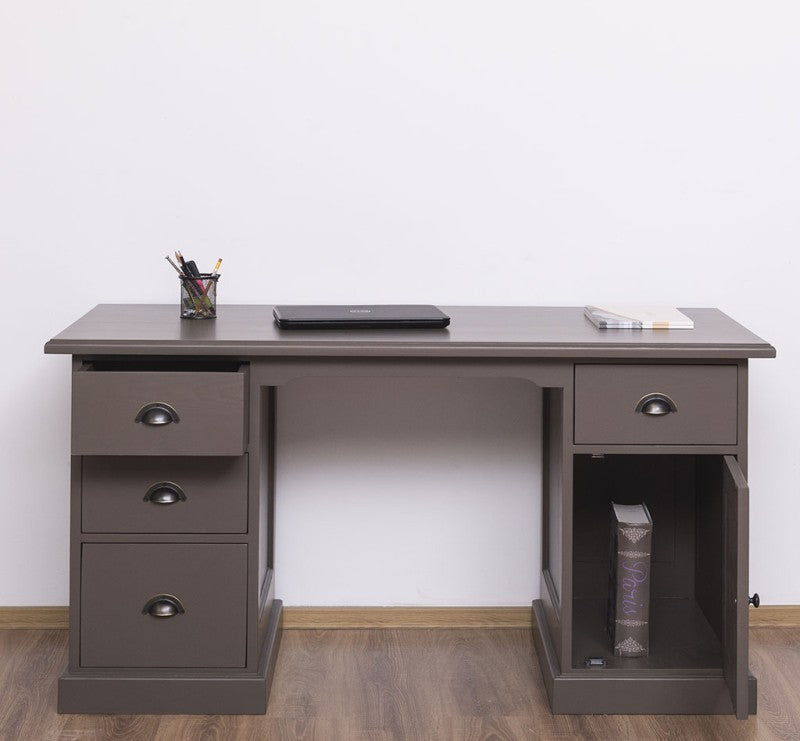 Bureau en pin massif peint gris avec porte de rangement ouverte, vue de face