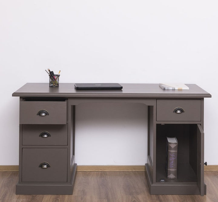 Bureau en pin massif peint gris avec porte de rangement ouverte, vue de face