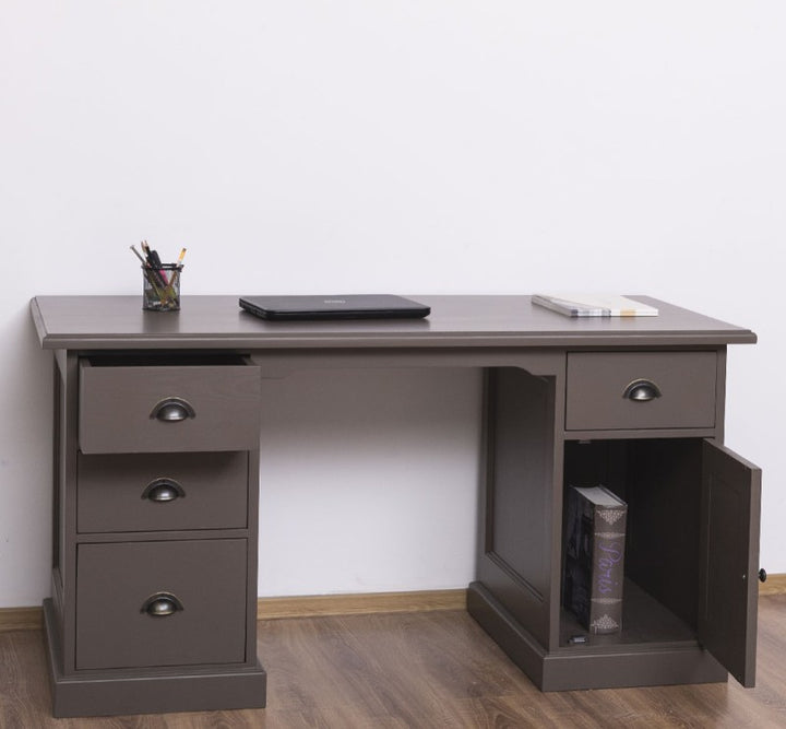 Bureau en pin massif peint gris avec tiroir et porte ouverts