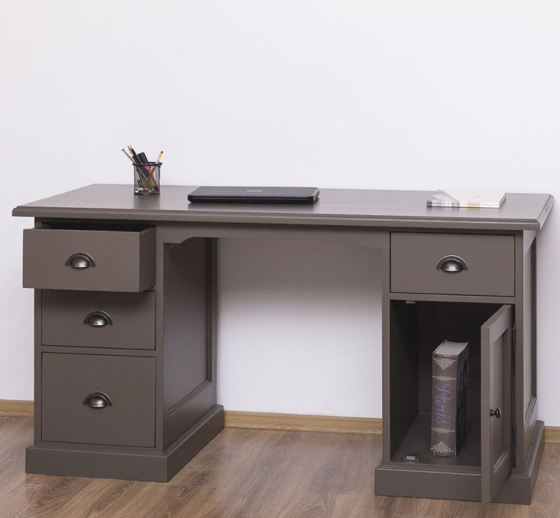 Bureau en pin massif peint gris, vue en perspective