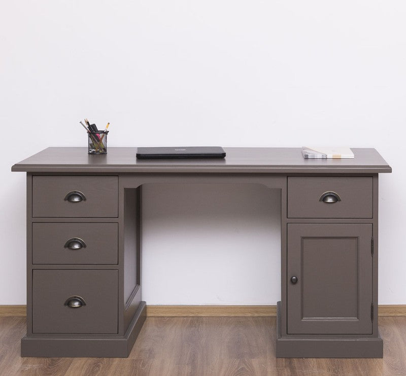 Bureau en pin massif peint gris avec tiroirs et porte de rangement, vue de face