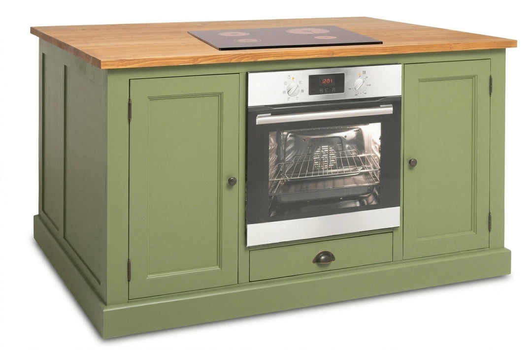 Îlot de cuisine en pin massif avec four encastré et plaque de cuisson — Le Grenier Campagnard