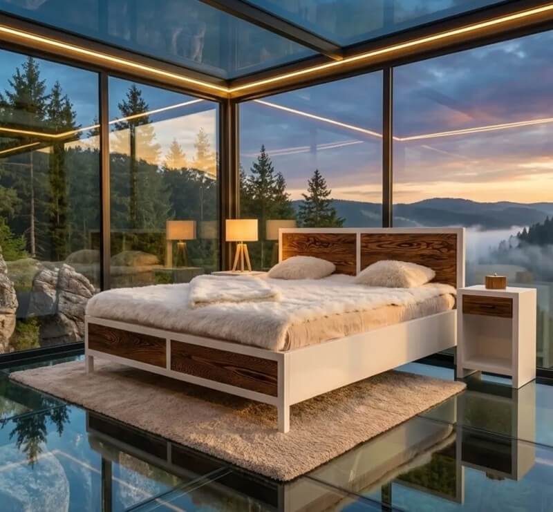 Lit en pin massif 180x200 dans une chambre moderne avec vue panoramique — Le Grenier Campagnard