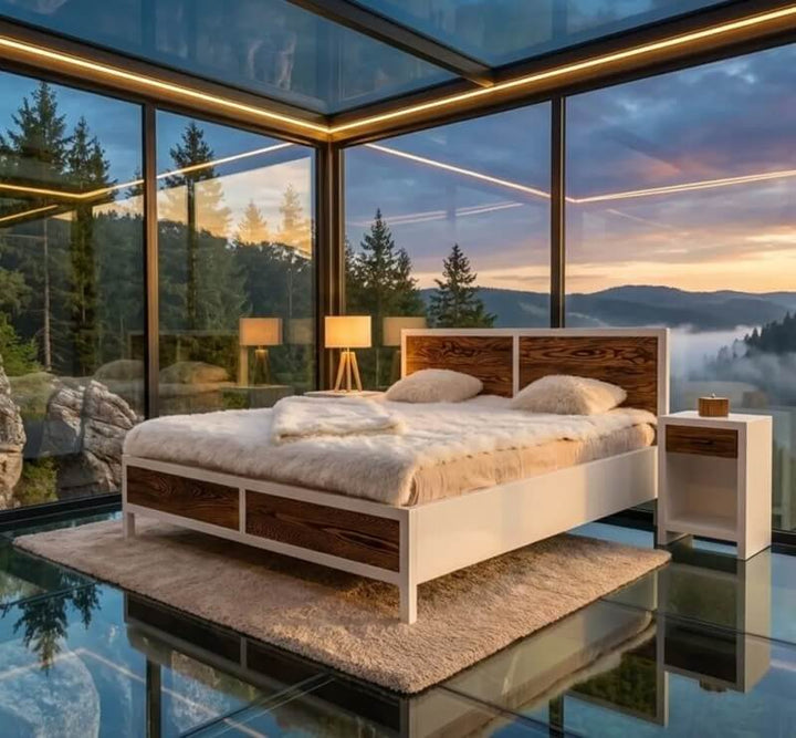 Lit en pin massif 180x200 dans une chambre moderne avec vue panoramique — Le Grenier Campagnard