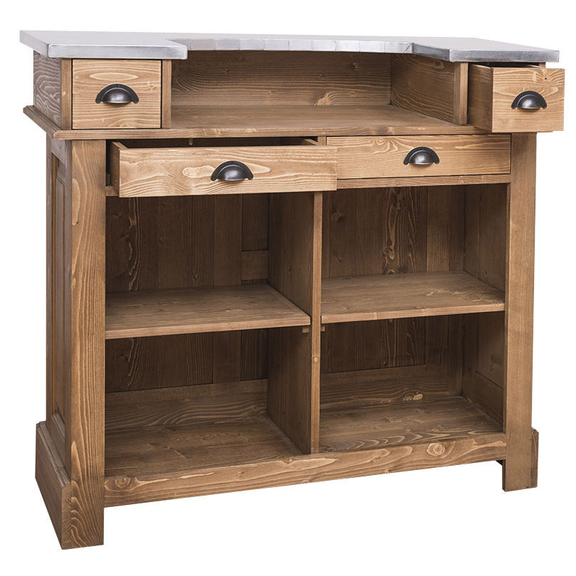 meuble bar en pin massif avec plateau en zinc et rangements ouverts