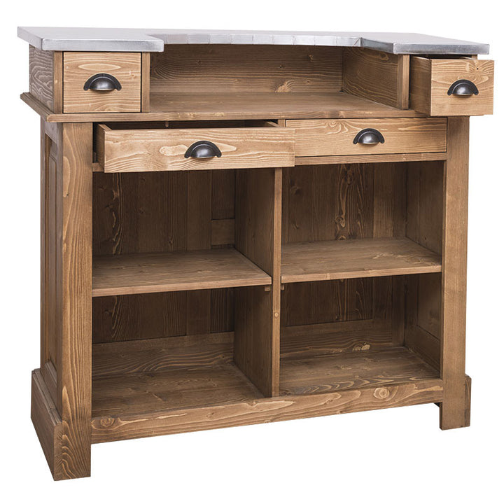 meuble bar en pin massif avec plateau en zinc et rangements ouverts