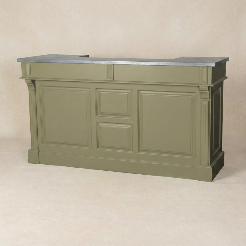 bar en pin massif finition vert olive avec plateau zinc vu de face