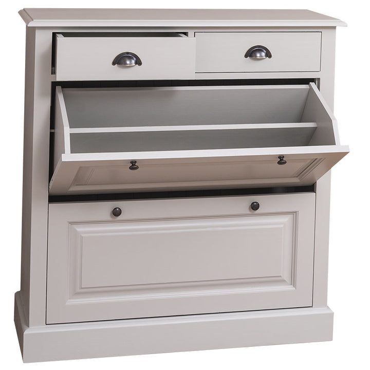 Meuble à chaussures en pin massif peint blanc avec abattant ouvert