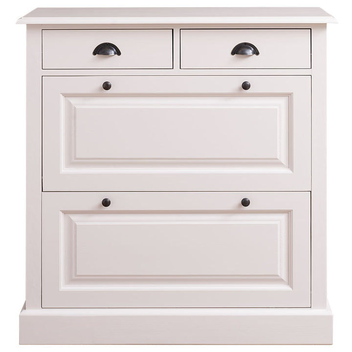 Meuble à chaussures en pin massif peint blanc vu de face