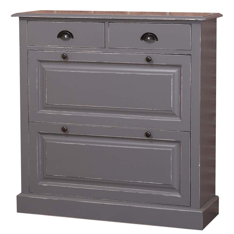 Meuble à chaussures en pin massif peint bleu ardoise vu de face